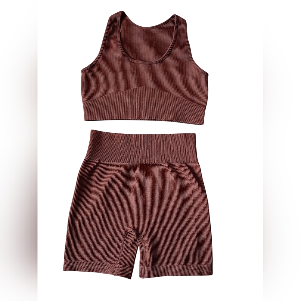 Seamless Ribbed Brown Lounge Set